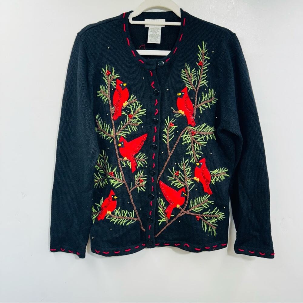 Vintage Cardigan Sweater Black Cardinals Sequins Beaded Embellished Size XL